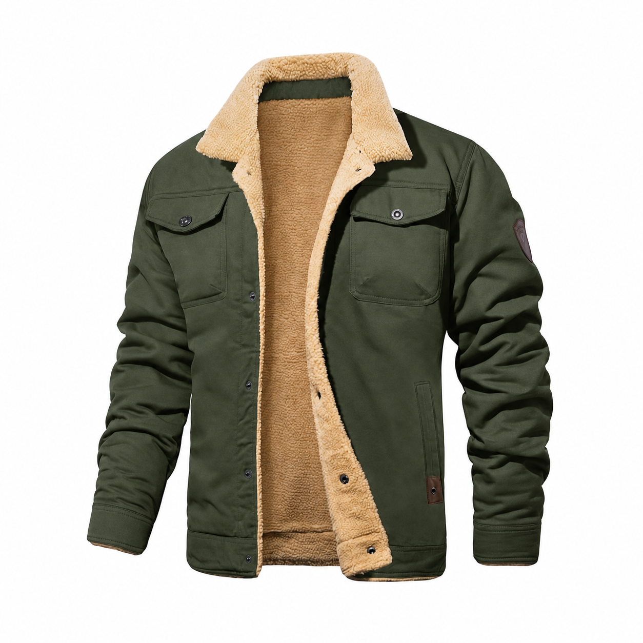 Men's Fitted Sherpa-Lined Soft Cotton Fleece Windproof Trucker Cargo Jacket