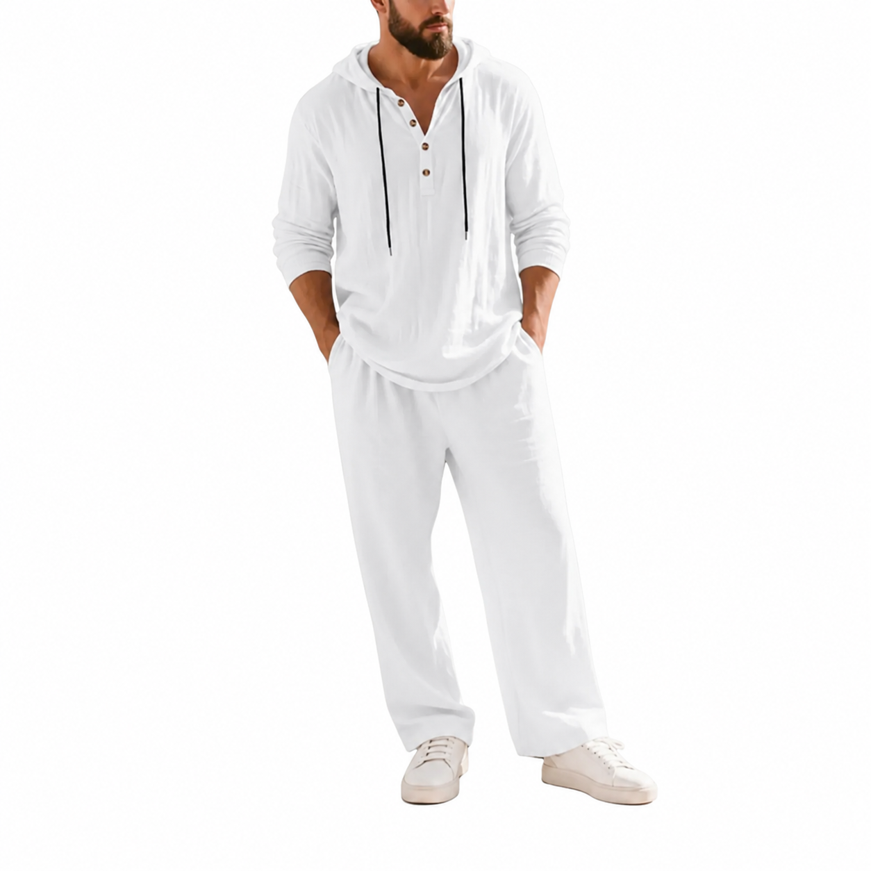 Linen Men's Hooded Casual Loose Top & Pants 2-Piece Set