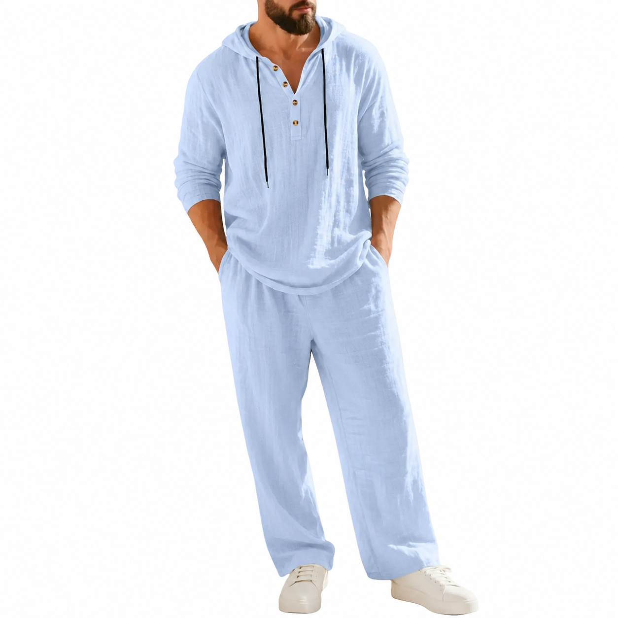 Linen Men's Hooded Casual Loose Top & Pants 2-Piece Set
