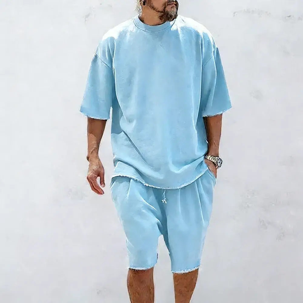 Men's Oversized Frayed Edge T-Shirt & Shorts 2-Piece Casual Set
