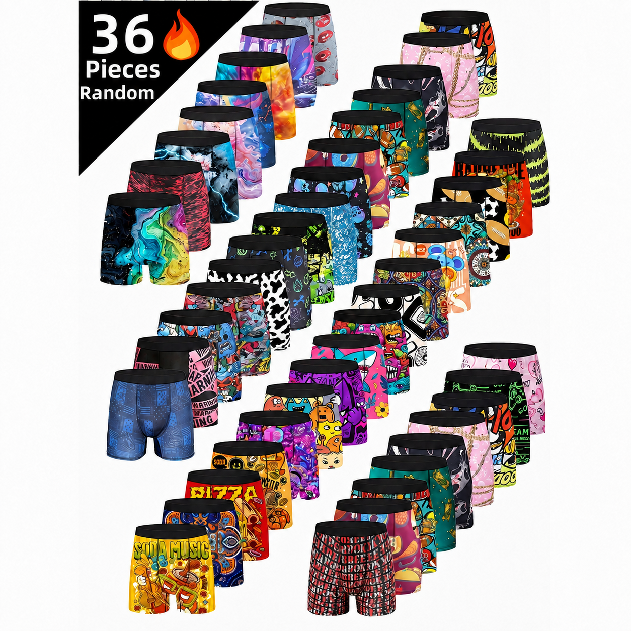 36pcs Men's Cartoon Tie-Dye Striped Boxer Briefs