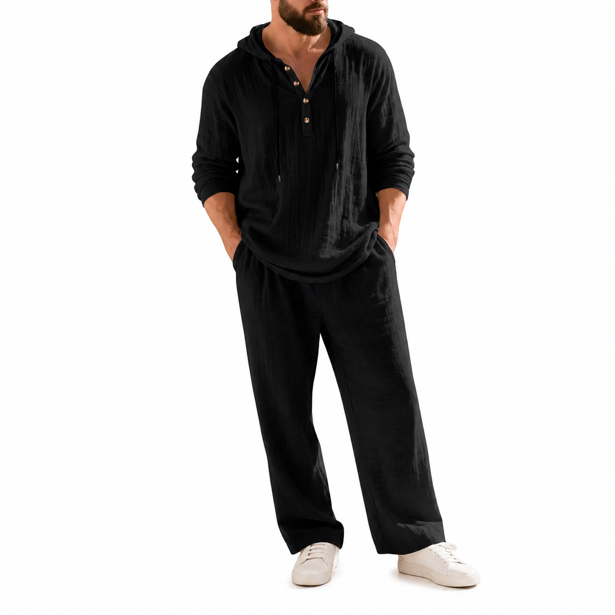 Linen Men's Hooded Casual Loose Top & Pants 2-Piece Set