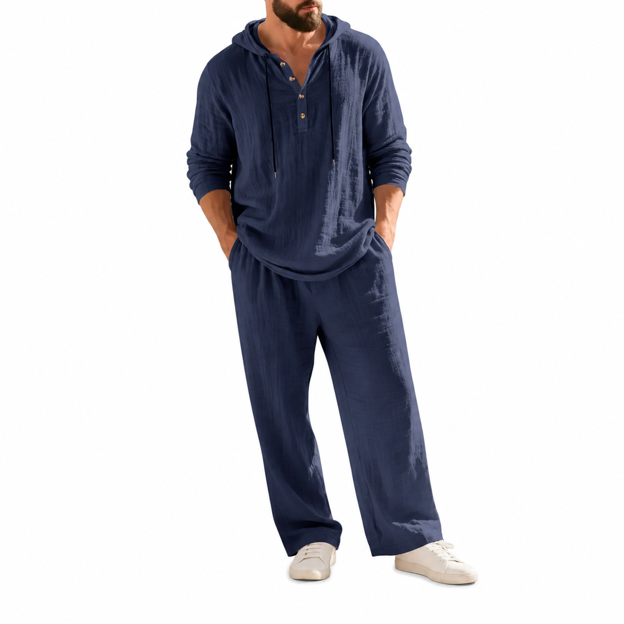 Linen Men's Hooded Casual Loose Top & Pants 2-Piece Set