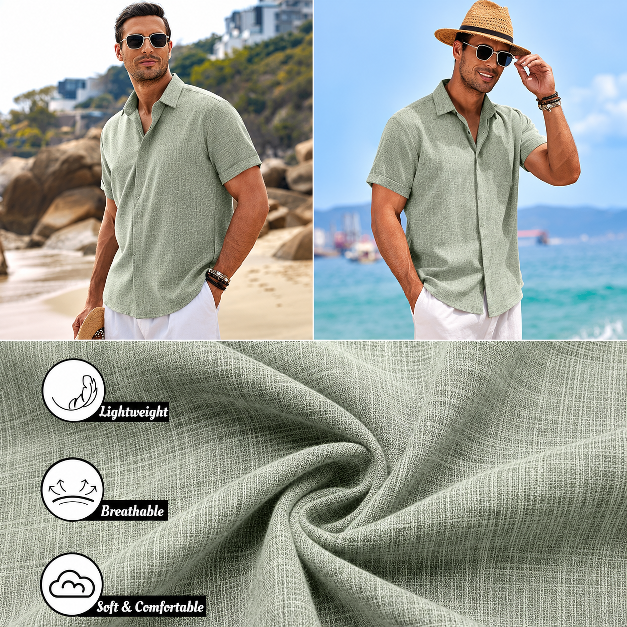 Men's Linen Shirts Short Sleeve Casual Shirts Button Down Shirt