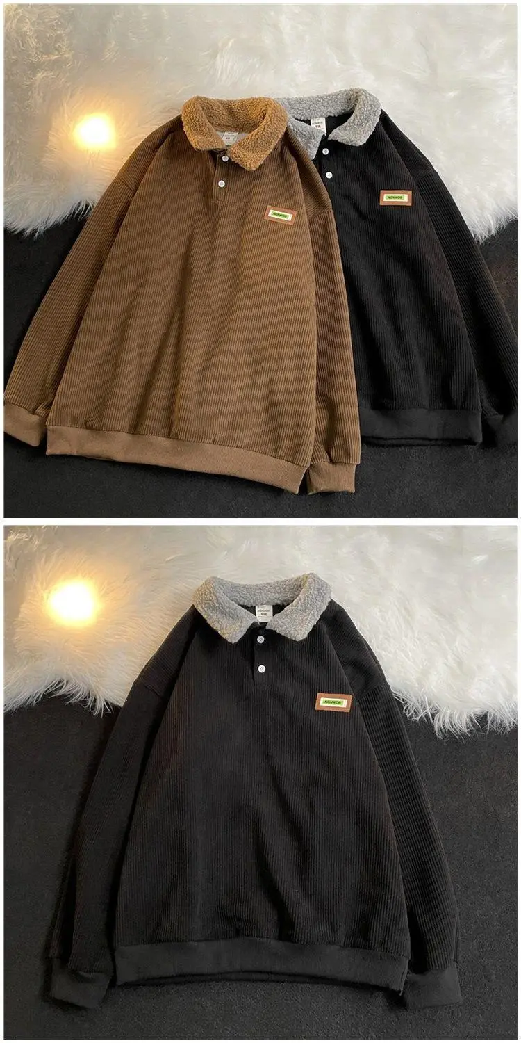 Corduroy Polo collar sweater couple autumn and winter style plus velvet thickened simple fashion lamb wool coat Comfort Long Sleeve Clothes Vintage streetwear vacation outfits