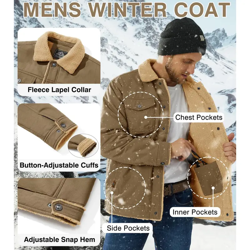 Men's Fitted Sherpa-Lined Soft Cotton Fleece Windproof Trucker Cargo Jacket