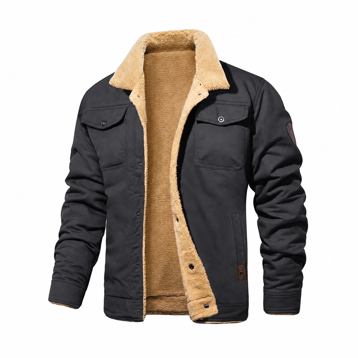 Men's Fitted Sherpa-Lined Soft Cotton Fleece Windproof Trucker Cargo Jacket