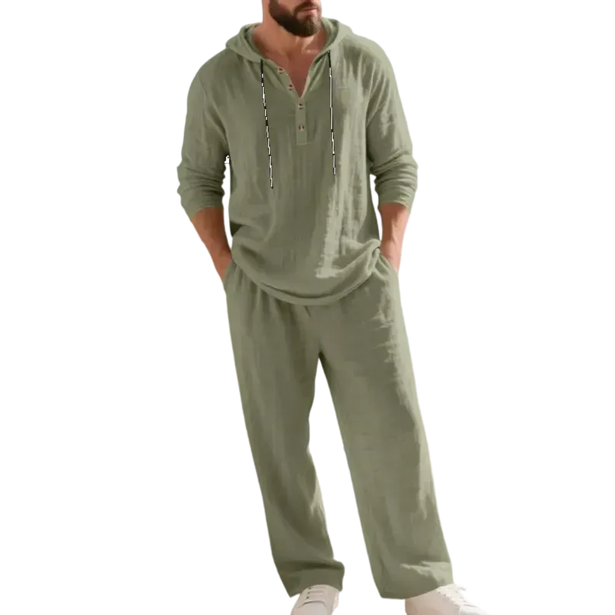 Linen Men's Hooded Casual Loose Top & Pants 2-Piece Set