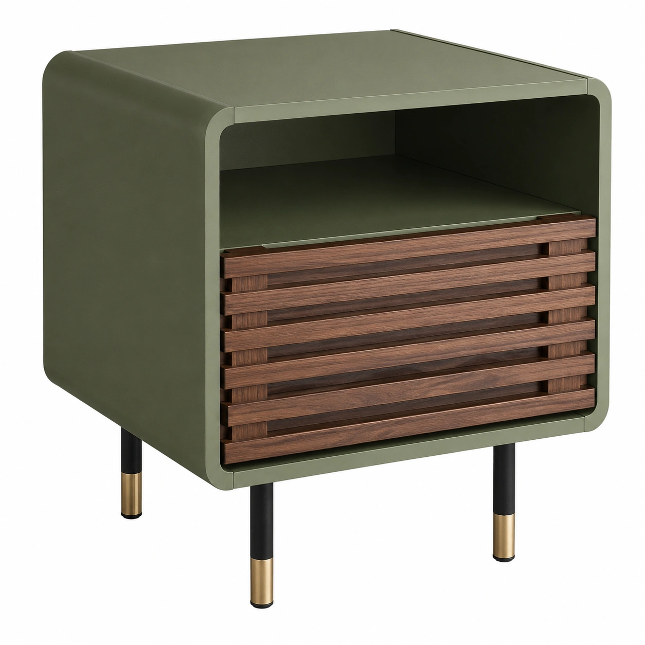 Mesita auxiliar moderna verde oliva con puerta corredera de madera oscura-nordiquea