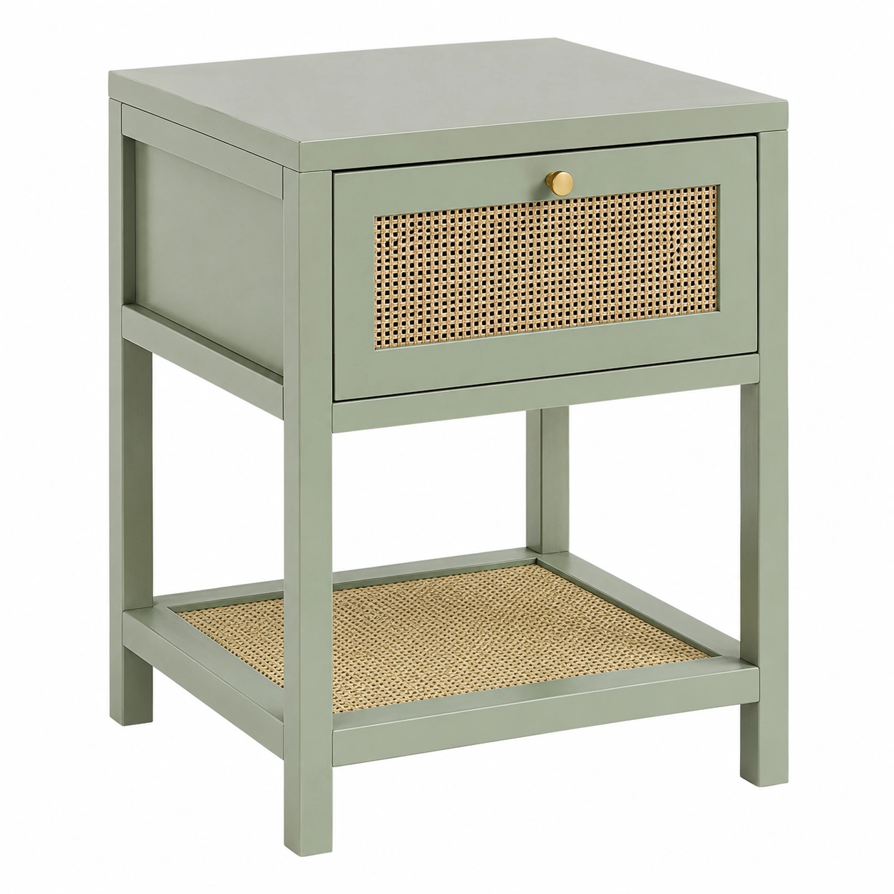 Mesa auxiliar moderna verde salvia con cajon de rejilla natural-nordiquea