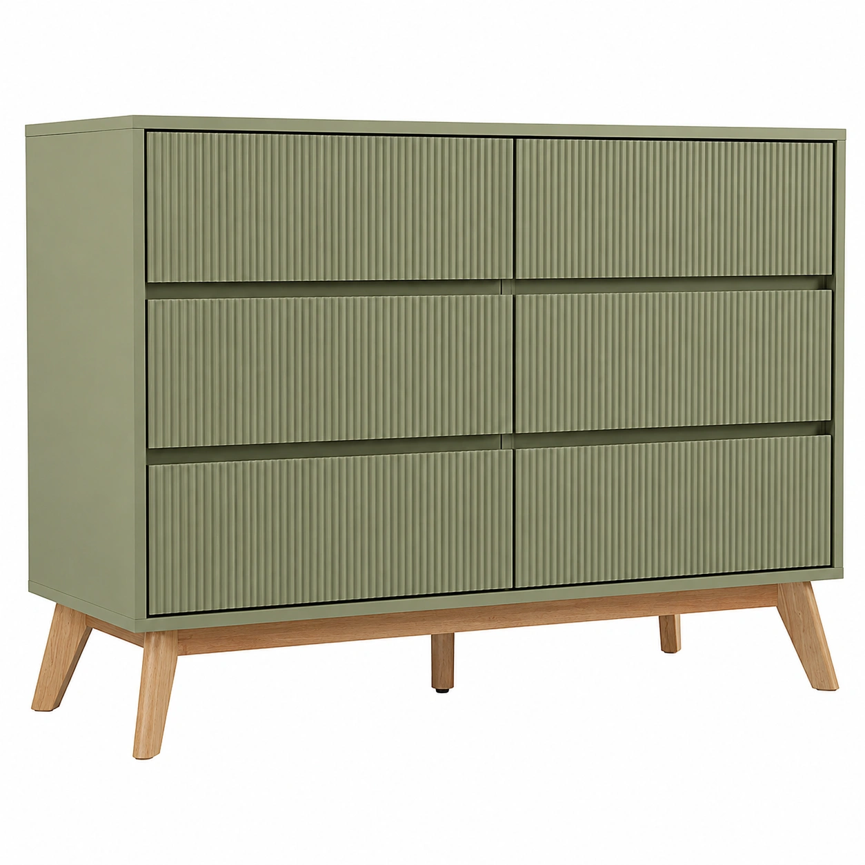 Comoda moderna verde oliva con seis cajones texturizados y patas inclinadas de madera para dormitorio contemporaneo-nordiquea