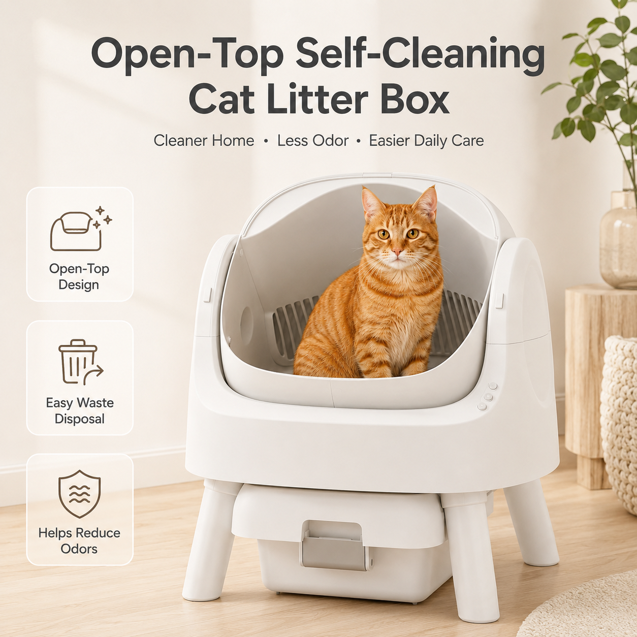 🔥Limited-Time Deal🔥 Open-Top Self-Cleaning Cat Litter Box with Odor Control & Waste Bags