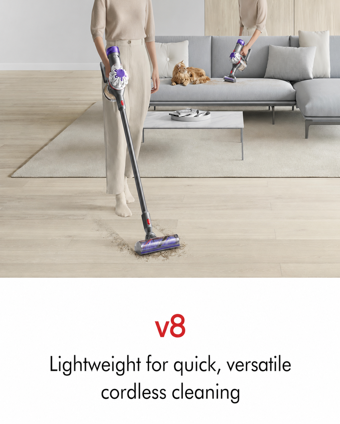  V8 Cordless Vacuum, Cleans Hard Floors and Carpets, Detangles, Converts to Handheld, 115AW, 2 Power Modes, Up to 40 Minutes¹