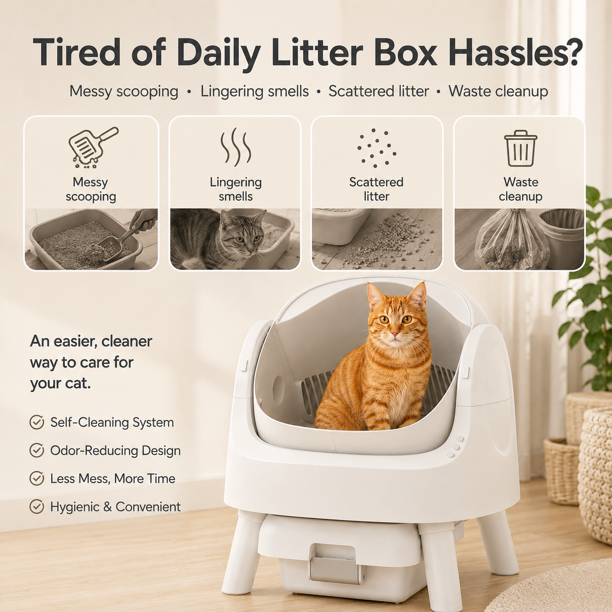 🔥Limited-Time Deal🔥 Open-Top Self-Cleaning Cat Litter Box with Odor Control & Waste Bags