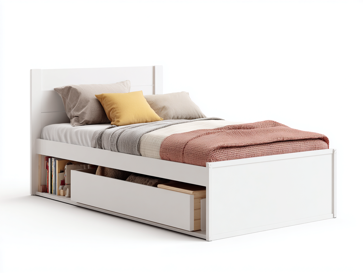 Cama individual juvenil de madera - 198x99x92 cm - blanca - con cajón y huecos laterales-Cozygetden