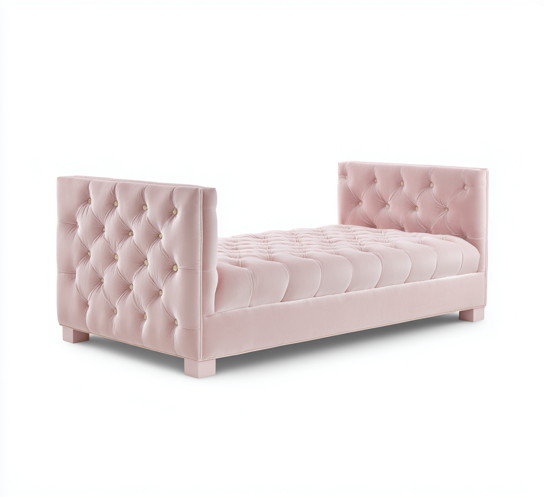 Sofá cama tapizado individual - 204x90x78 cm - rosa pálido - estilo capitoné con base baja