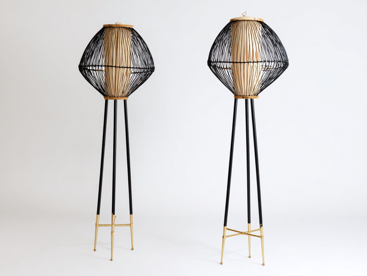 Lampada da terra geometrica in rattan 40x40x150 cm – nero e naturale – per soggiorno – design decorativo-Oakgohut