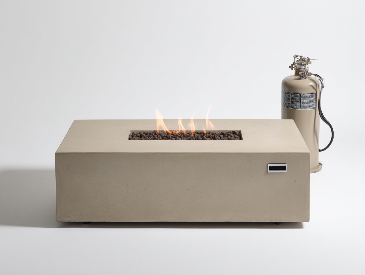 Tavolo focolare a gas rettangolare in cemento 160×70×45 cm - beige - uso esterno - bruciatore centrale-Oakgohut