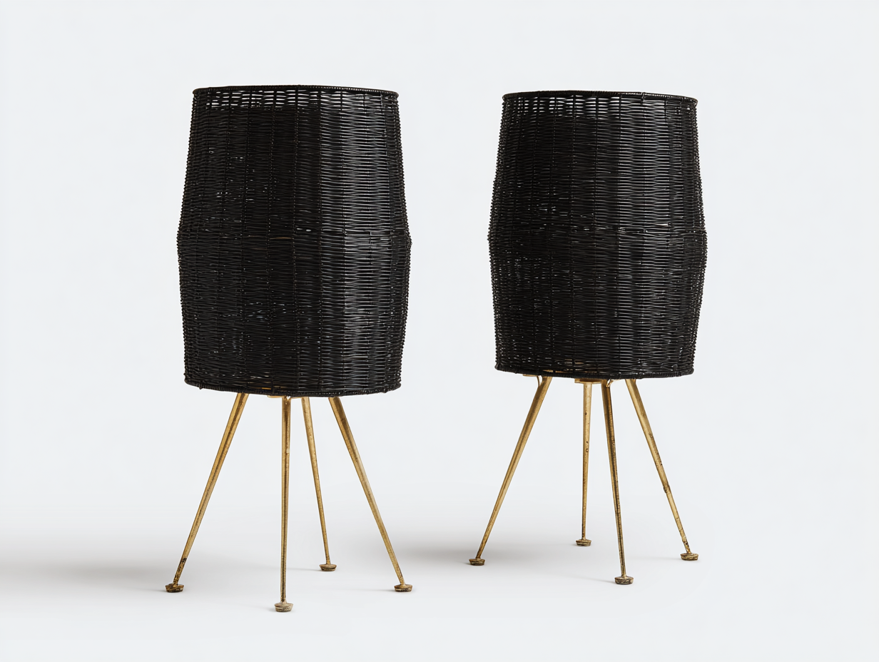 Set di 2 lampade da terra in rattan intrecciato 40×40×78 cm - nero e oro - uso interno - stile naturale decorativo-Oakgohut
