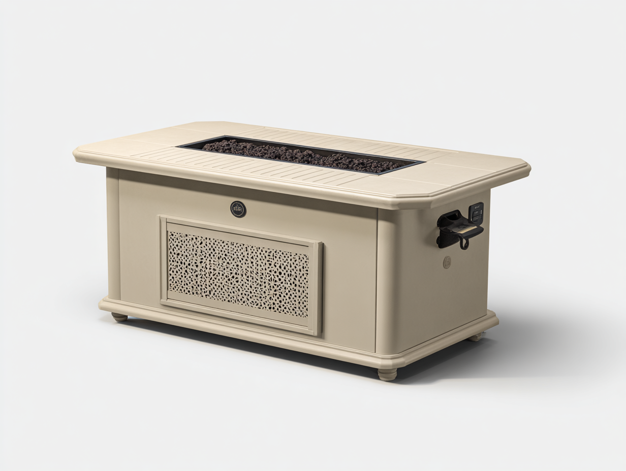 Tavolo focolare a gas rettangolare in resina effetto pietra 145×75×55 cm - beige - uso esterno - piano decorativo-Oakgohut
