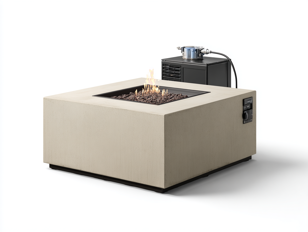 Tavolo focolare a gas quadrato in cemento 120×120×45 cm - beige e nero - uso esterno - design moderno-Oakgohut
