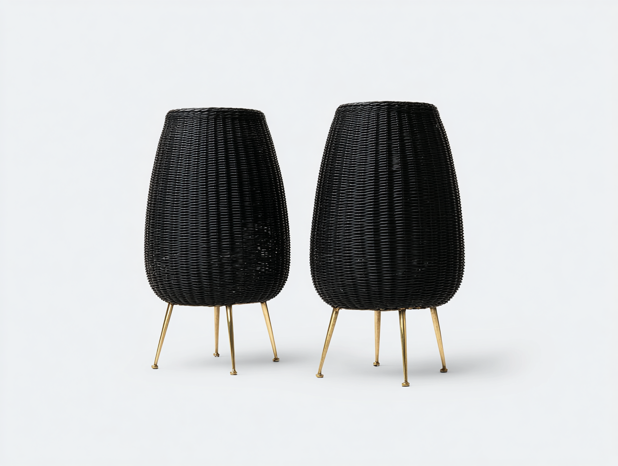 Set di 2 lampade da terra in rattan intrecciato 38×38×66 cm - nero e oro - uso interno - design compatto-Oakgohut