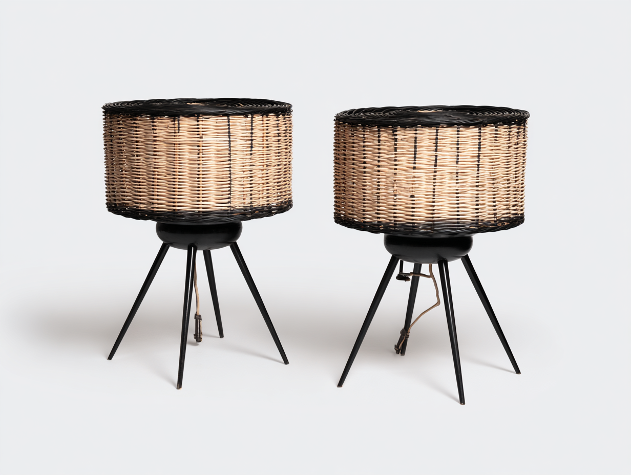 Set di 2 lampade da tavolo in rattan intrecciato 44×44×58 cm - nero e naturale - uso interno - illuminazione decorativa-Oakgohut