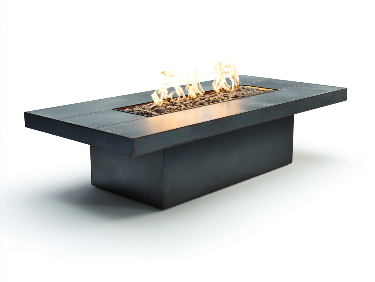 Tavolo focolare a gas rettangolare in cemento 200×85×50 cm - grigio antracite - uso esterno - bruciatore lineare-Oakgohut