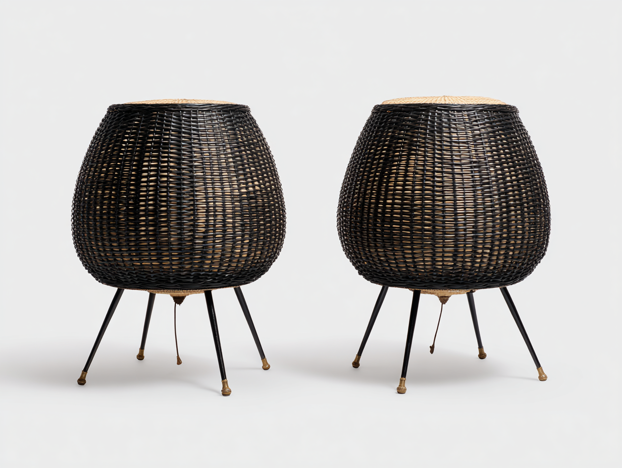 Set di 2 lampade decorative in rattan e metallo 52×52×56 cm - nero e naturale - uso interno - paralume intrecciato-Oakgohut