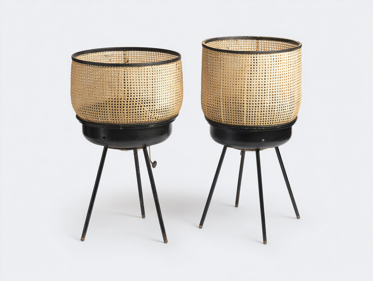 Set di 2 lampade da tavolo in rattan e metallo 45×45×62 cm - naturale e nero - uso interno - luce ambientale-Oakgohut