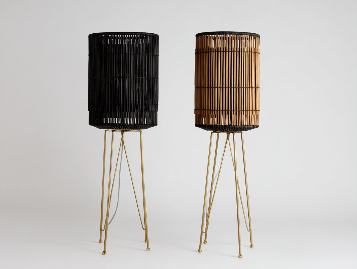 Lampada da terra cilindrica in rattan 36x36x140 cm – nero e naturale – per soggiorno – design contemporaneo-Oakgohut