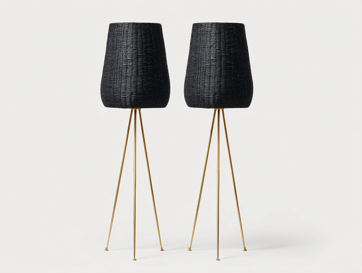 Lampada da terra in rattan nero 38x38x132 cm – nero e oro – per soggiorno – design moderno-Oakgohut