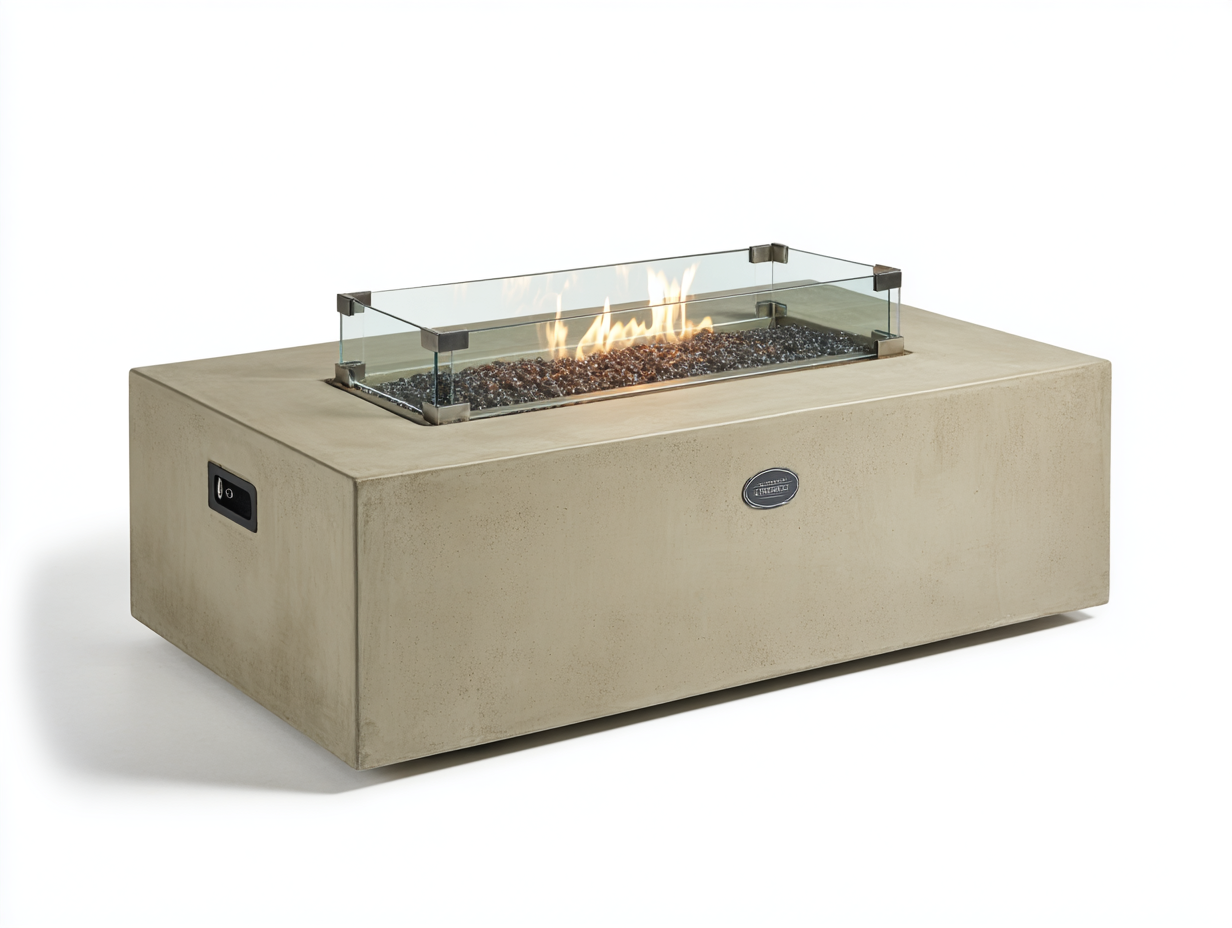 Tavolo focolare a gas rettangolare con vetro antivento 150×65×42 cm - beige e trasparente - uso esterno - protezione fiamma-Oakgohut