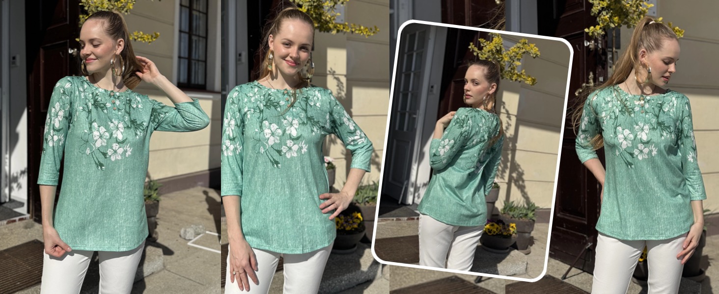 Three Quarter Sleeve Womens Tops Dressy Casual Tunic Blouses