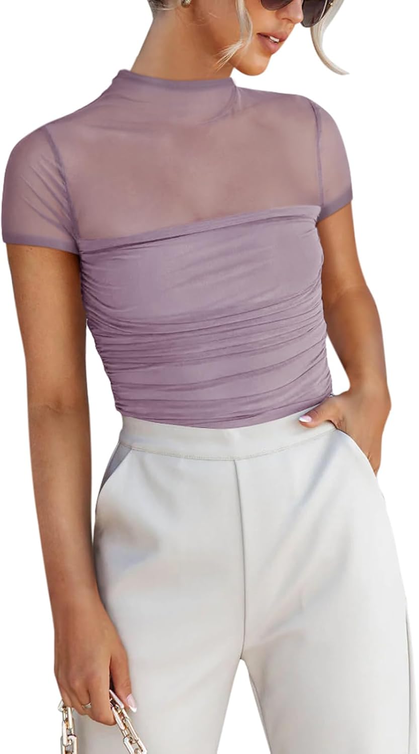 Women's Sexy Mock Turtle Neck Short Sleeve Shirts Sheer Mesh Ruched Trendy Going Out Bodysuits Tops
