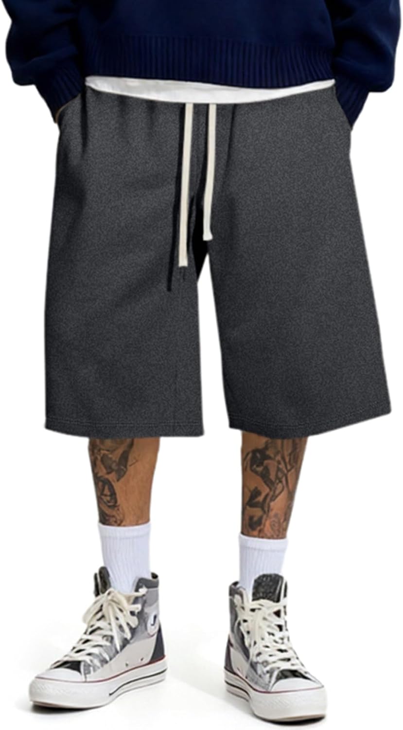 Men's Baggy Sweat Shorts Lightweight Under Knee Casual Drawstring Y2K Shorts Loose Fit Gym Shorts