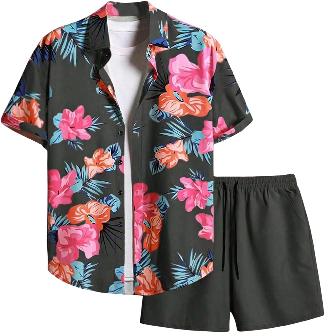 Men's 2 Piece Vacation Beach Outfits Floral Button Down Shirt and Shorts Cruise Attire Sets