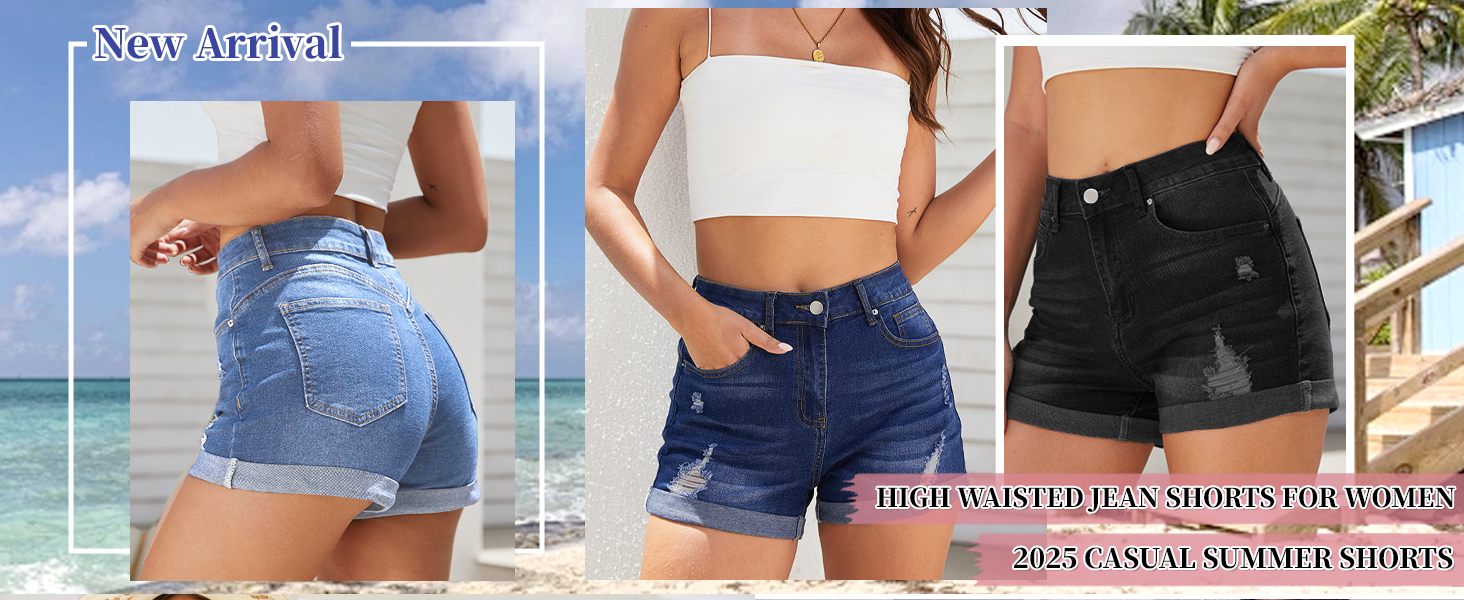With ripped, distressed, washed, and folded hem details, high/mid-waisted denim shorts
