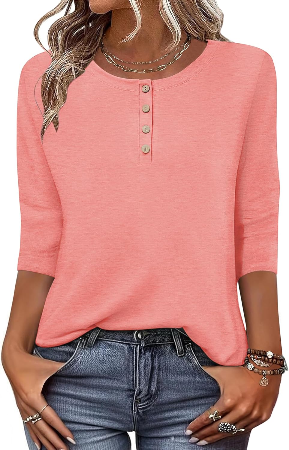 3/4 Length Sleeve Women Tops Crew Neck Blouses Dressy Casual Summer T Shirts Loose Fit Business Work Clothes