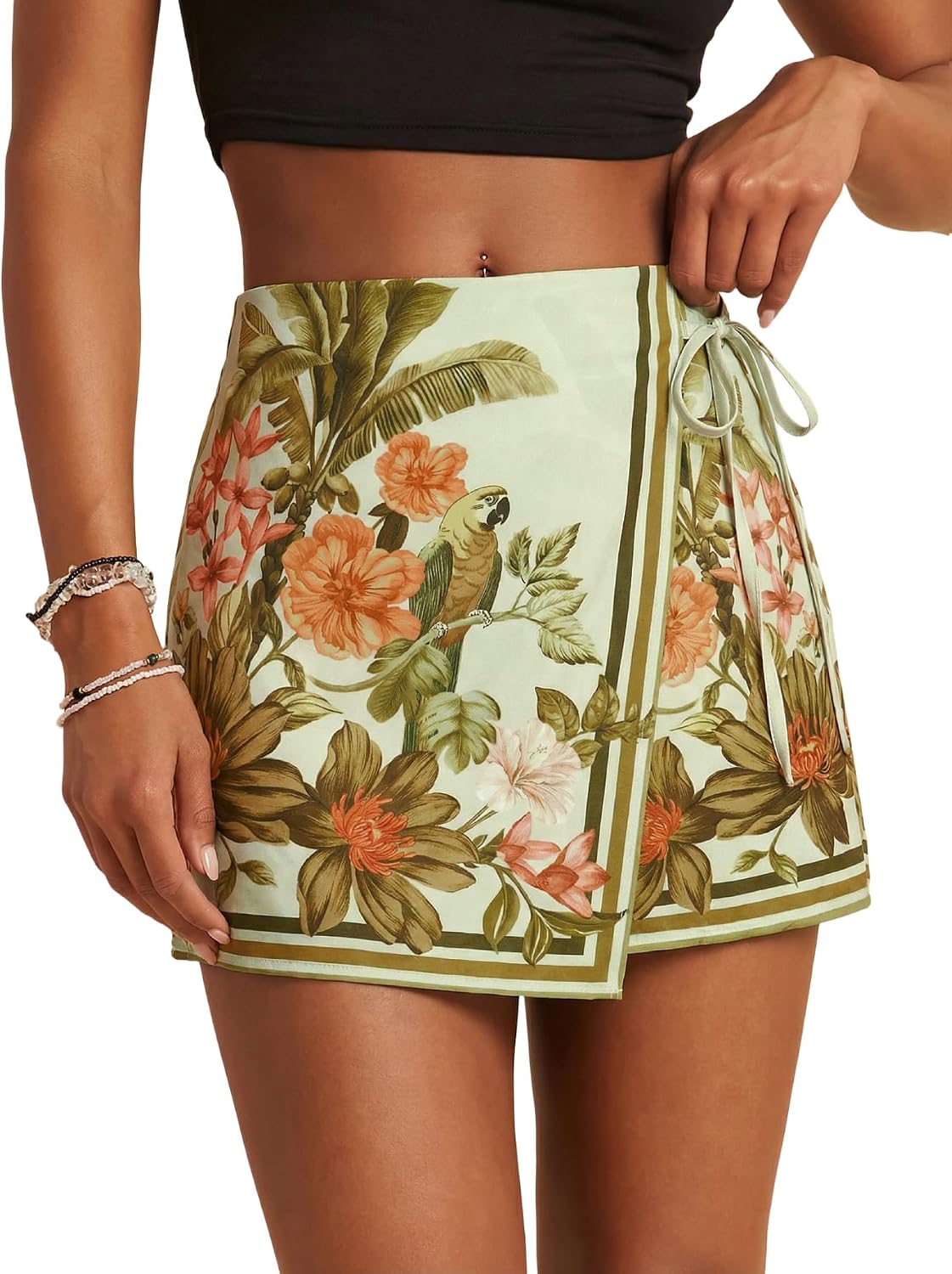 Women's Boho Mini Skirts Floral Shorts Tie Side Wrap Elastic Waist Summer Skorts Beach Vacation Outfits