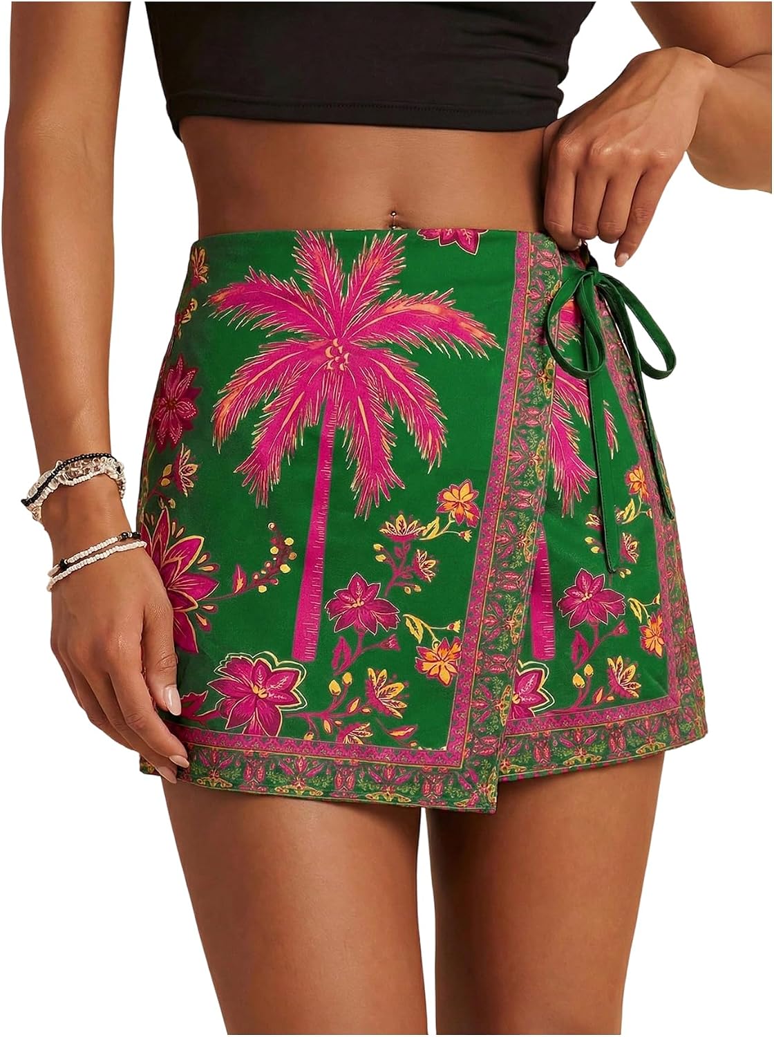 Women's Boho Mini Skirts Floral Shorts Tie Side Wrap Elastic Waist Summer Skorts Beach Vacation Outfits