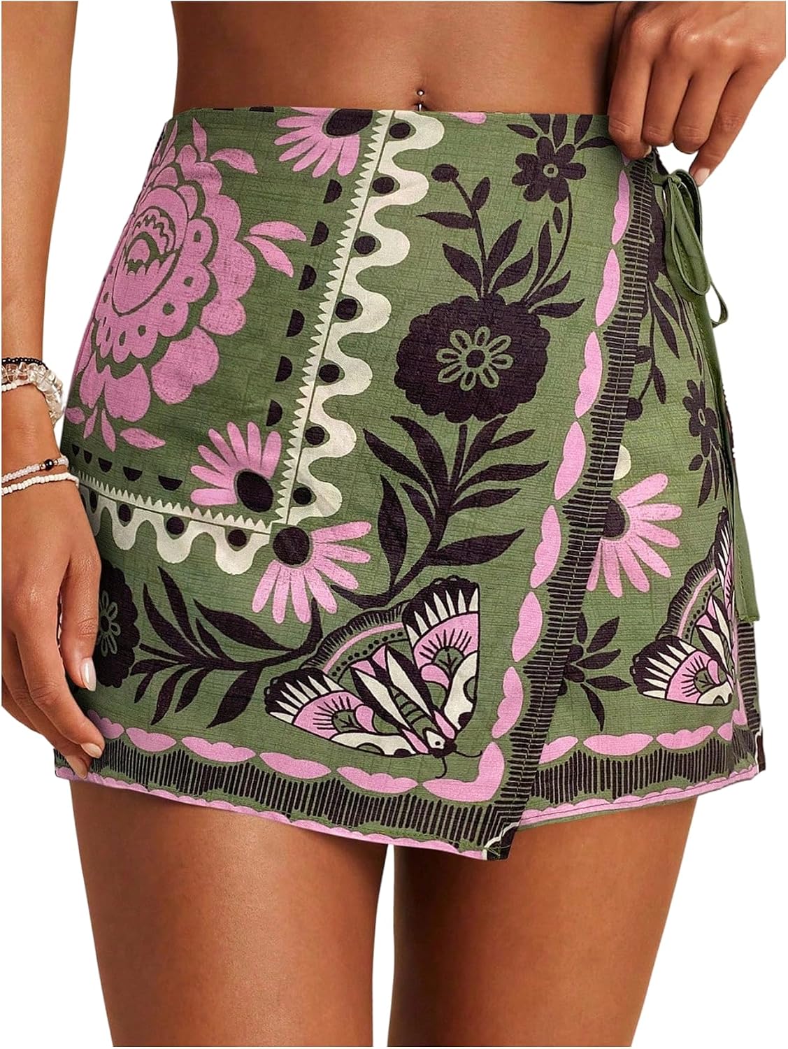 Women's Boho Mini Skirts Floral Shorts Tie Side Wrap Elastic Waist Summer Skorts Beach Vacation Outfits