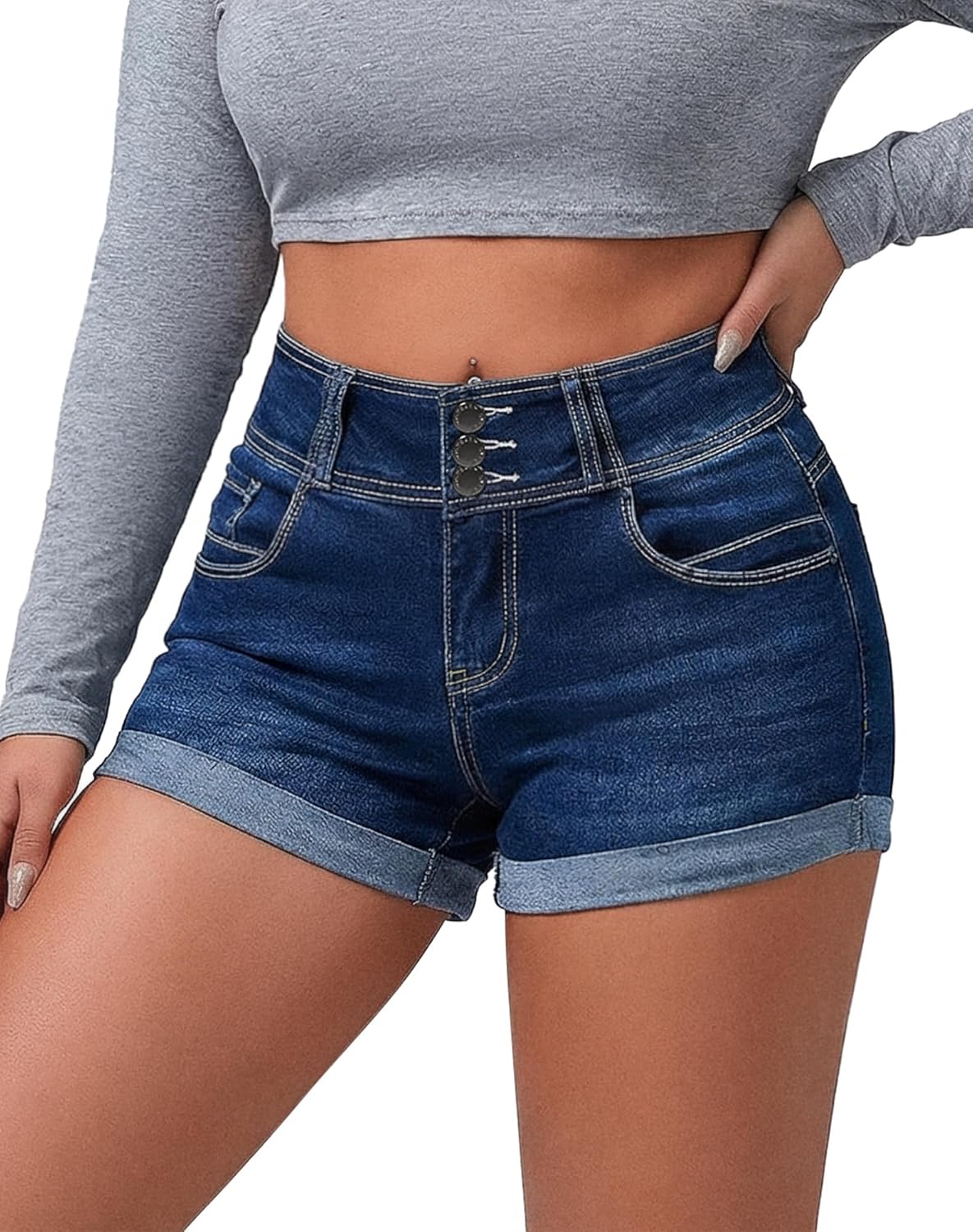 Women's High Waisted Stretchy Denim Shorts Cuffed Jean Shorts