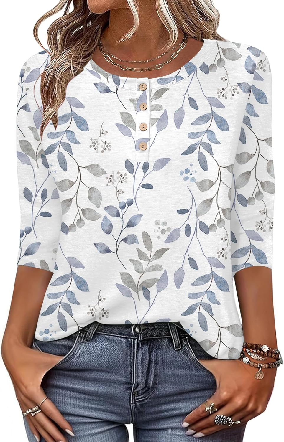 3/4 Length Sleeve Women Tops Crew Neck Blouses Dressy Casual Summer T Shirts Loose Fit Business Work Clothes
