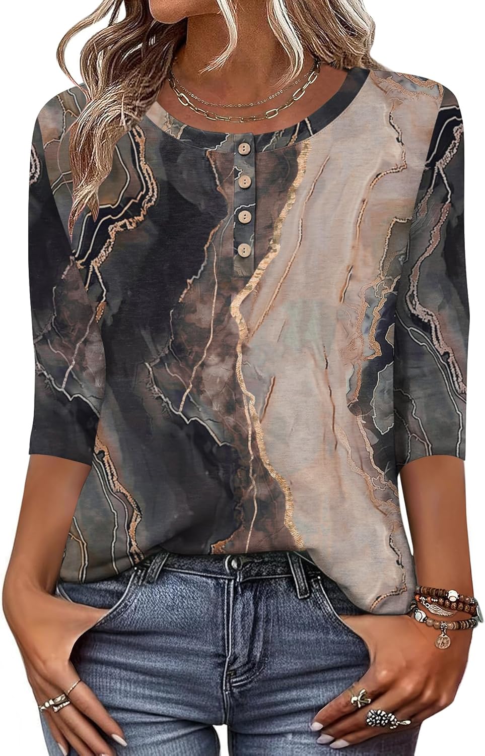3/4 Length Sleeve Women Tops Crew Neck Blouses Dressy Casual Summer T Shirts Loose Fit Business Work Clothes