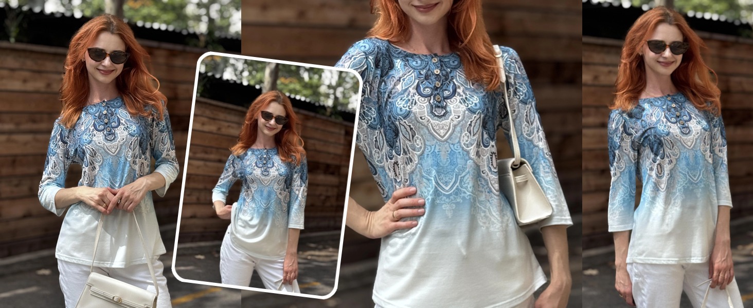 Three Quarter Sleeve Shirts Spring Summer Crew Neck Workout Tops