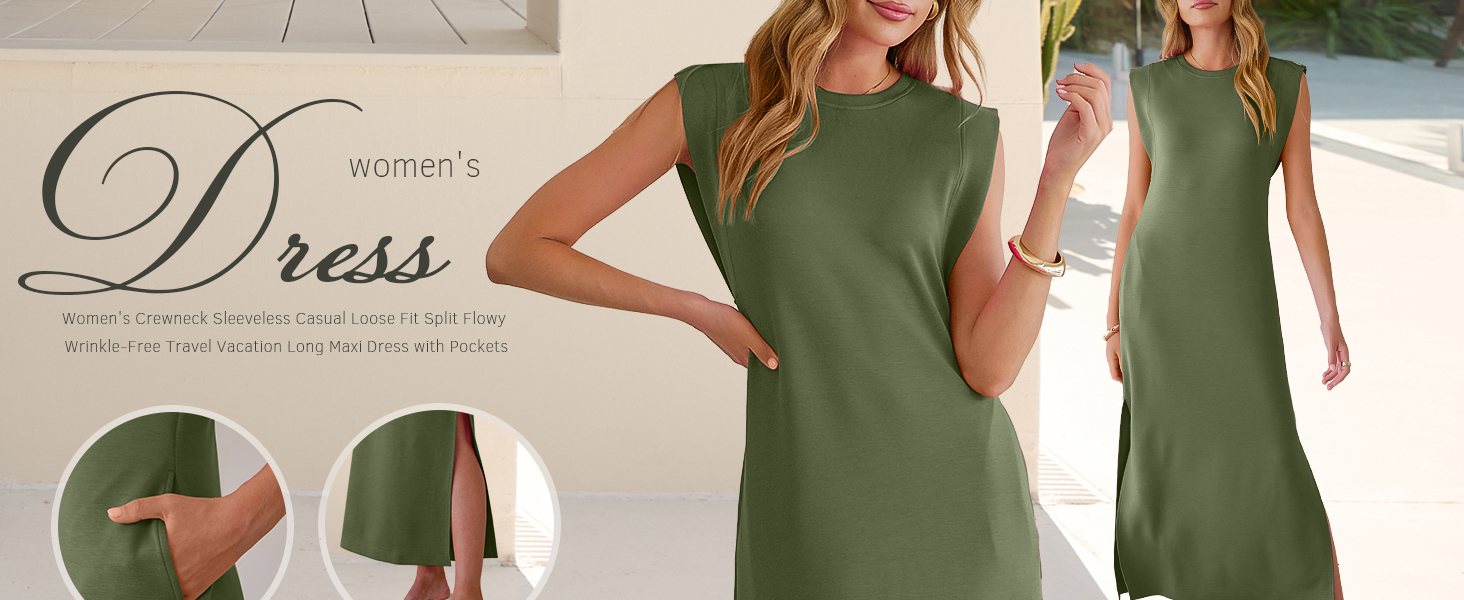 Women Summer Casual Sleeveless Maxi Dress 2026 Crewneck Loose Split Wrinke-Free Long Sundress
