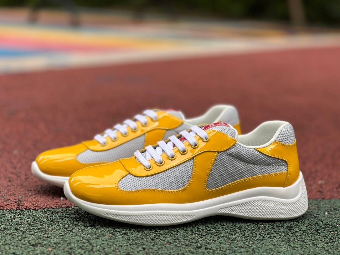 Prada Grey Yellow Patent Leather Low-Top Casual Sneakers