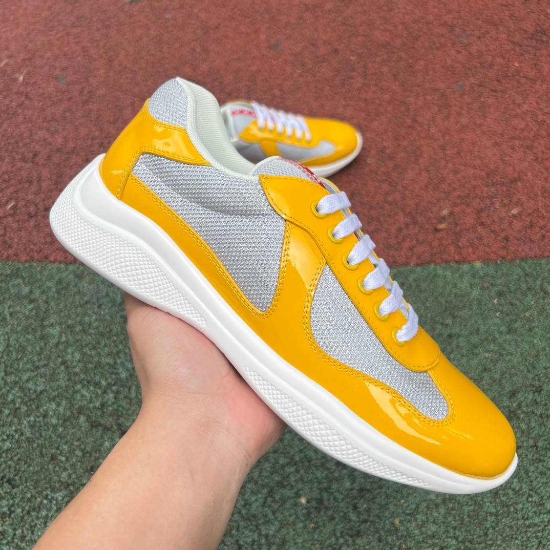 Prada Grey Yellow Patent Leather Low-Top Casual Sneakers