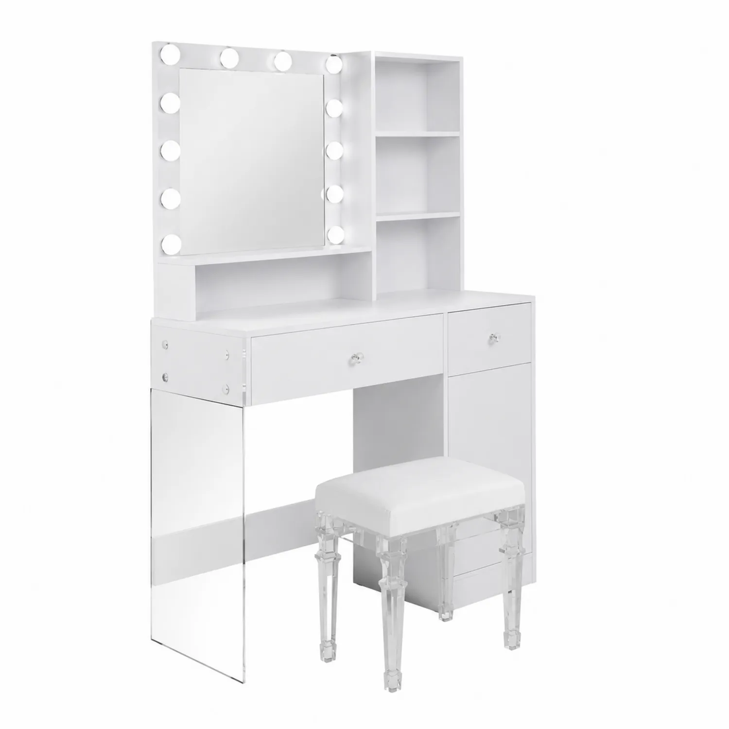 Tavolo da Toeletta con Specchio Illuminato e Sgabello in MDF e Acrilico